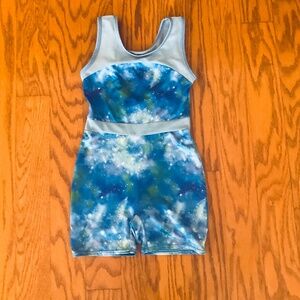 MORE THAN MAGIC Blue Galaxy Sheer Panel Biketard Gymnastics Leotard Sz 6/6X